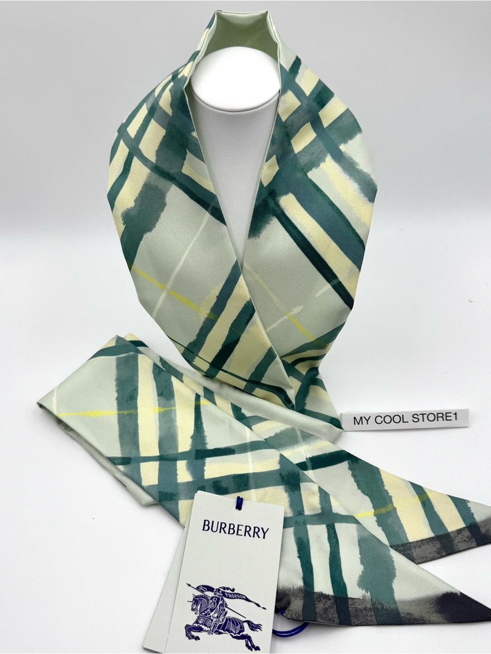 BURBERRY Breeze ( Green) Plaid Silk Twilly Scarf AUTHENTIC Women Accessories